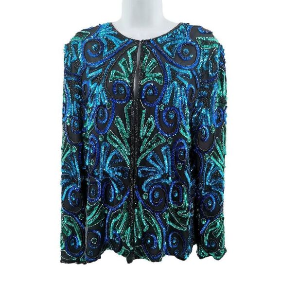 Vintage Black Silk Jacket with Hand Embellished Blue & Green Beads/Sequins | Pea - Picture 1 of 4